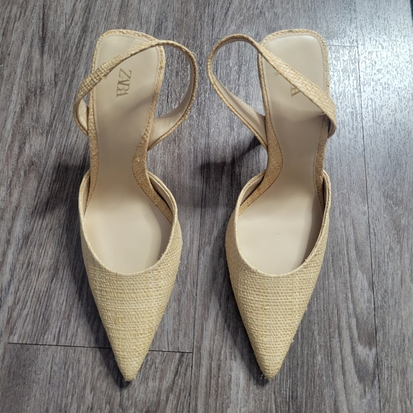 Zara Tan Raffia Straw Slingback Woven Pointed Toe Silver Fan Heel Shoes 39 US 8 - Picture 5 of 13